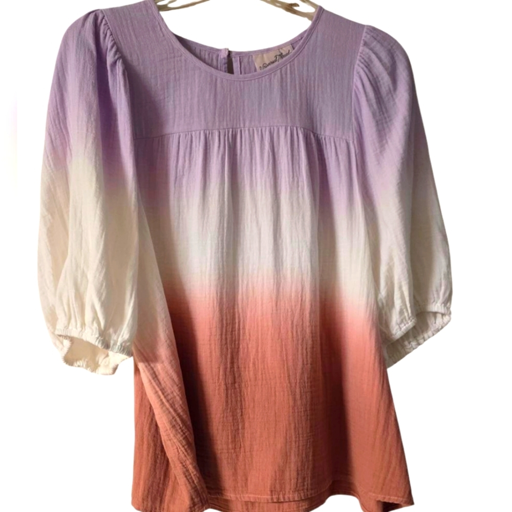 🥳 3/$30 Universal Thread Dip Dye Ombre Purple White Brown Gauze Top Size L